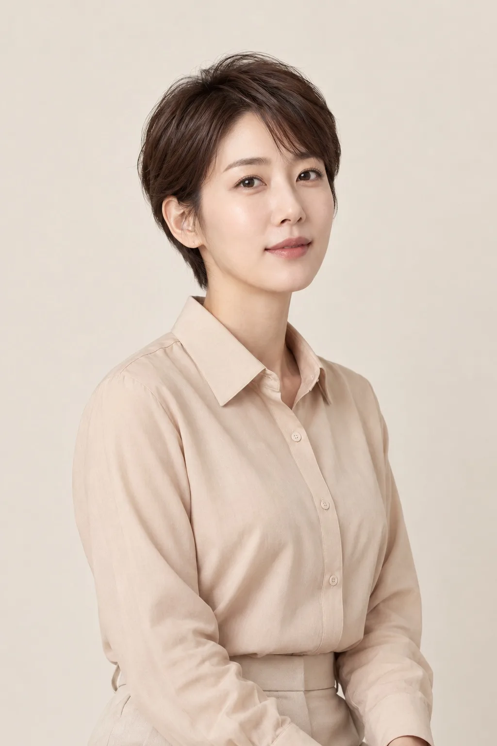 베이지 살구색 셔츠를 입은 짧은 머리 여성의 차분한 사선 상반신