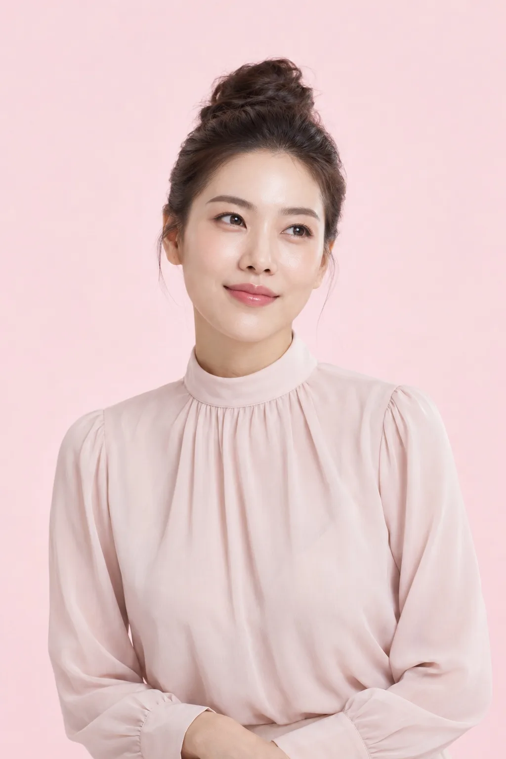 연분홍 블라우스를 입고 올림머리를 한 여성의 살짝 옆을 보는 상반신