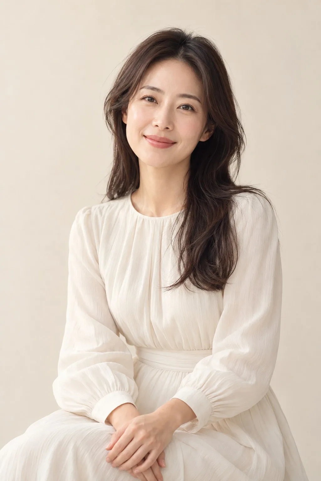 크림색 옷을 입고 편안하게 앉아 있는 여성