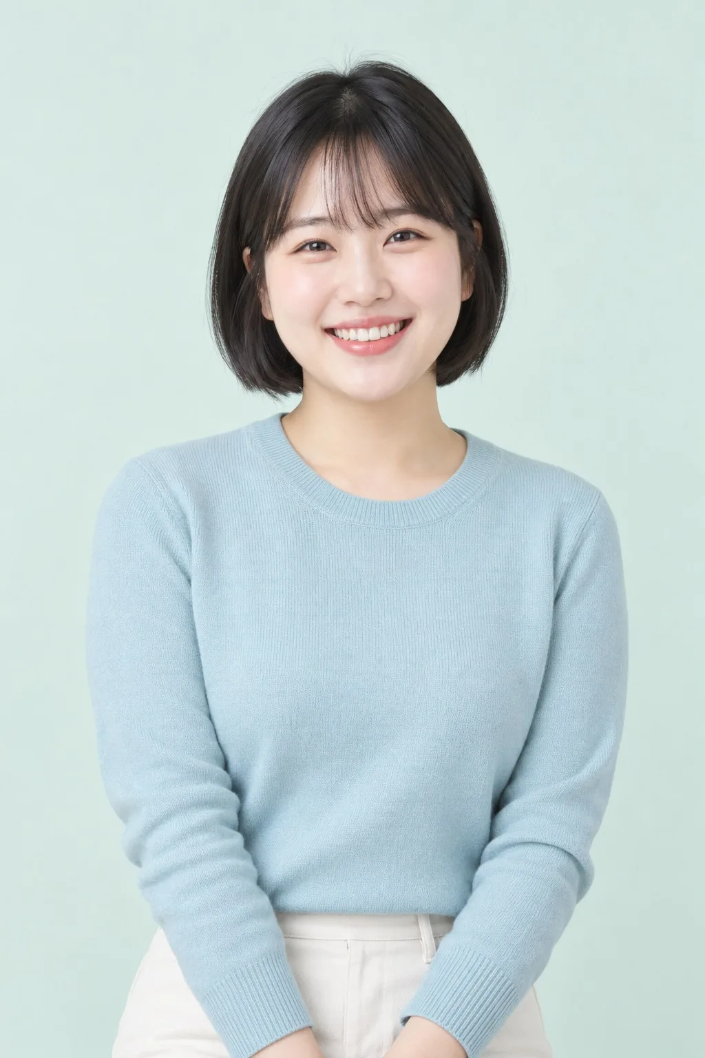 하늘색 니트를 입고 밝게 웃는 단발머리 여성의 정면 상반신